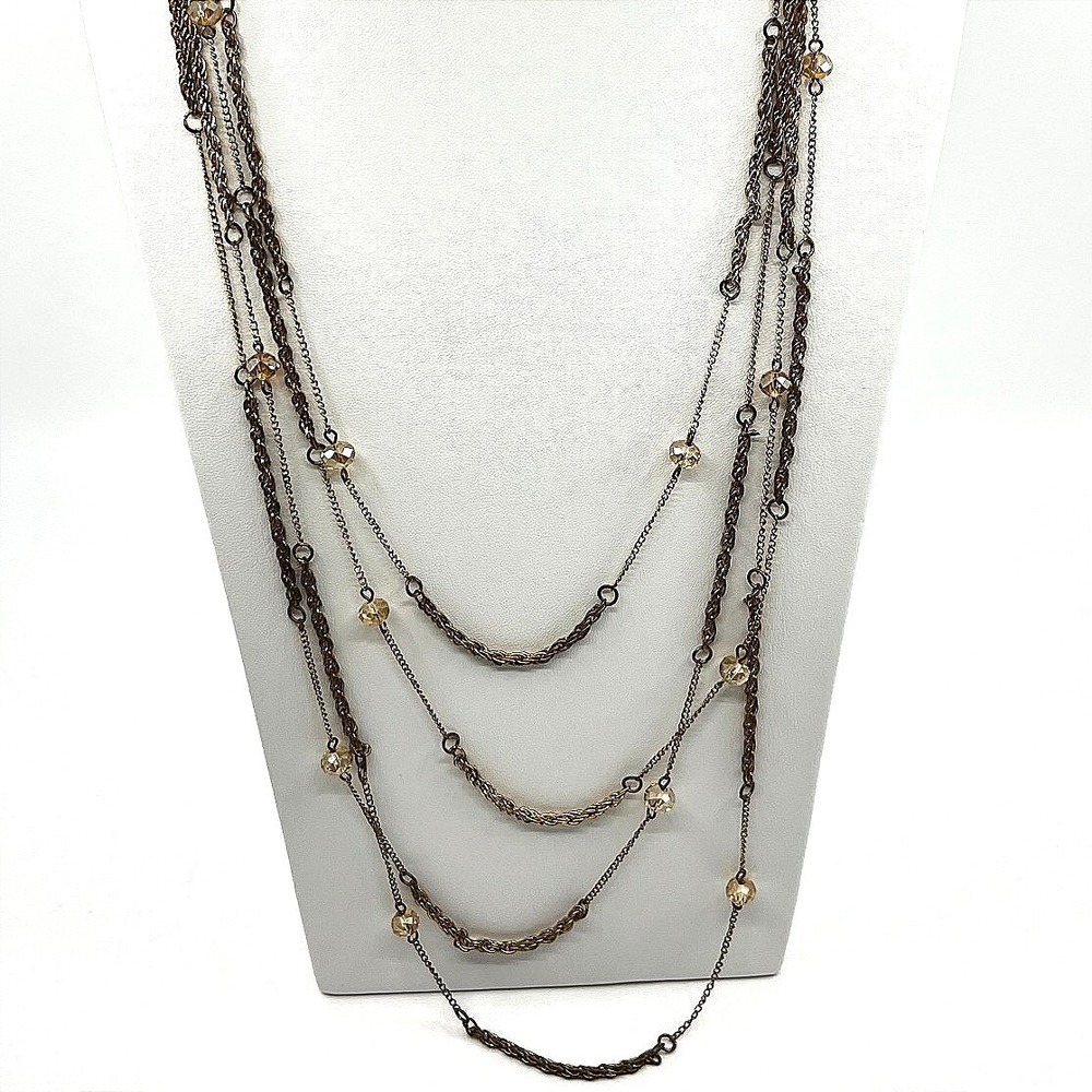 Vintage Y2K Multi Strand Layered Chain Necklace Bronze Tone Yellow Crystal Beads